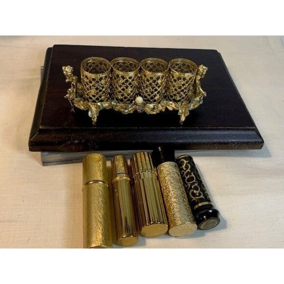 Hollywood Regency Gold Tone Filigree 4 Tube Lipstick Holder Cherub SF Sam Fink - Picture 8 of 9
